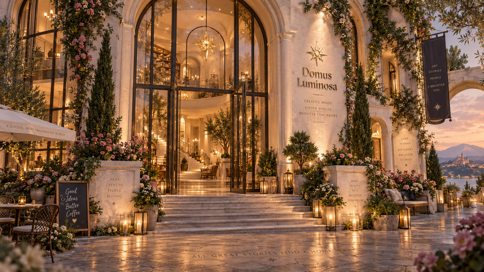 The illuminated entrance of Domus Luminosa surrounded by flowers at sunset