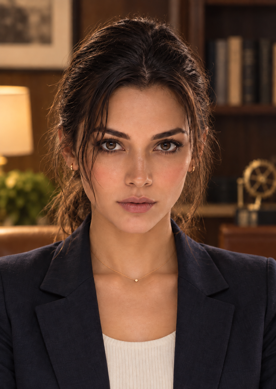Alexia in a navy blazer, poised in a warm wood office